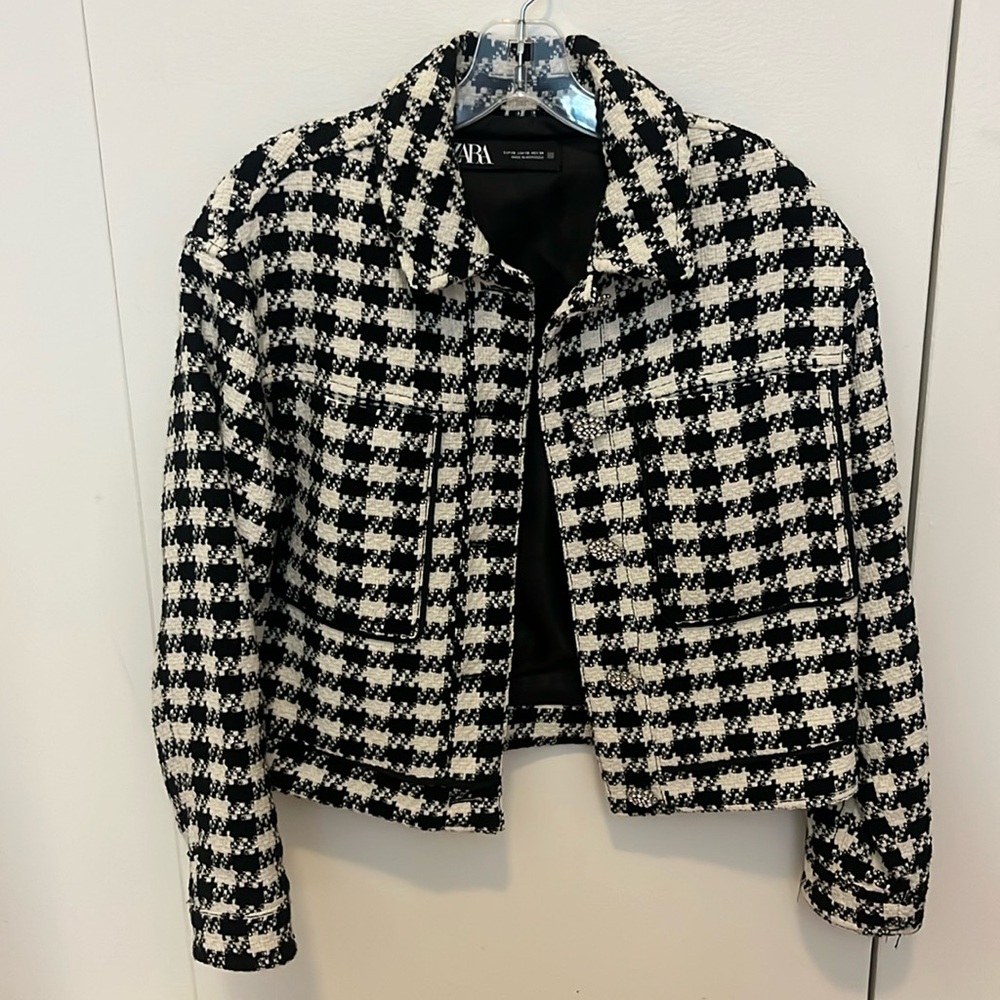 Zara Houndstooth Tweed Jacket with Rhinestone Buttons